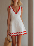 Island Vacation White And Red Scallop Trim Linen-Blend Mini Dress