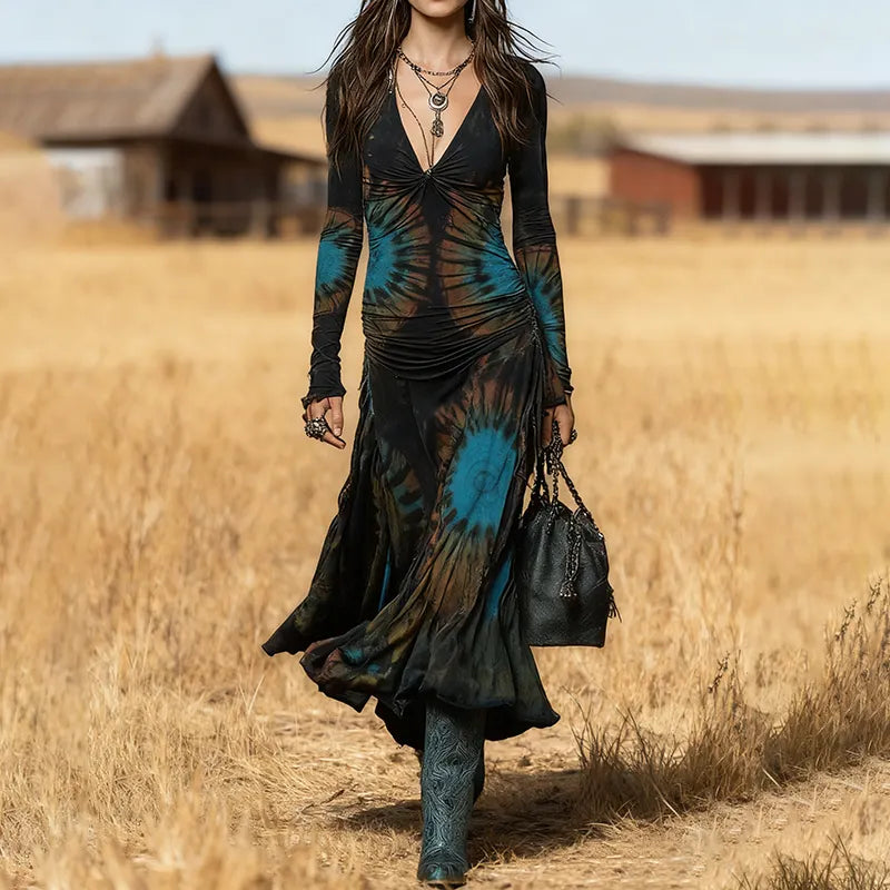 Women's Vintage Autumn/Winter Western Country Velvet Print Dress