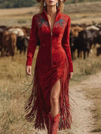 Women's Western-Style Vintage Embroidered Red Fringed Faux Suede Deep V-Neck Zip-Up Dress