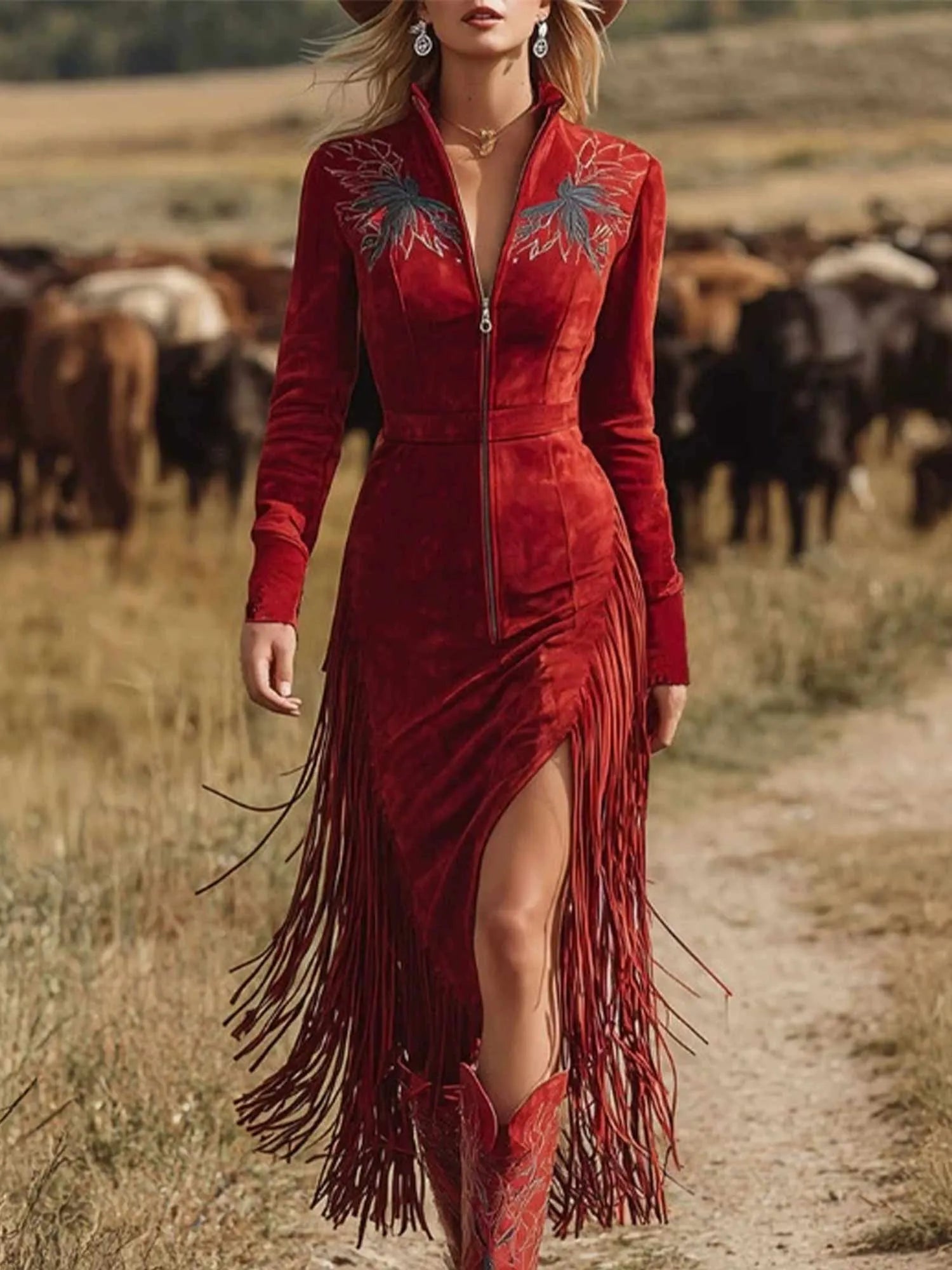 Women's Western-Style Vintage Embroidered Red Fringed Faux Suede Deep V-Neck Zip-Up Dress