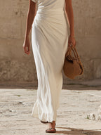 Minimalist Resort Textured Linen Blend Round Neck Cap Sleeve Waist Ruched Maxi Dress