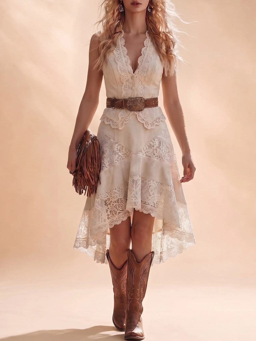 Western Dress — Cream Two-Piece Look Lace Patchwork Midi Dress
