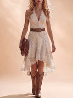 Western Dress — Cream Two-Piece Look Lace Patchwork Midi Dress