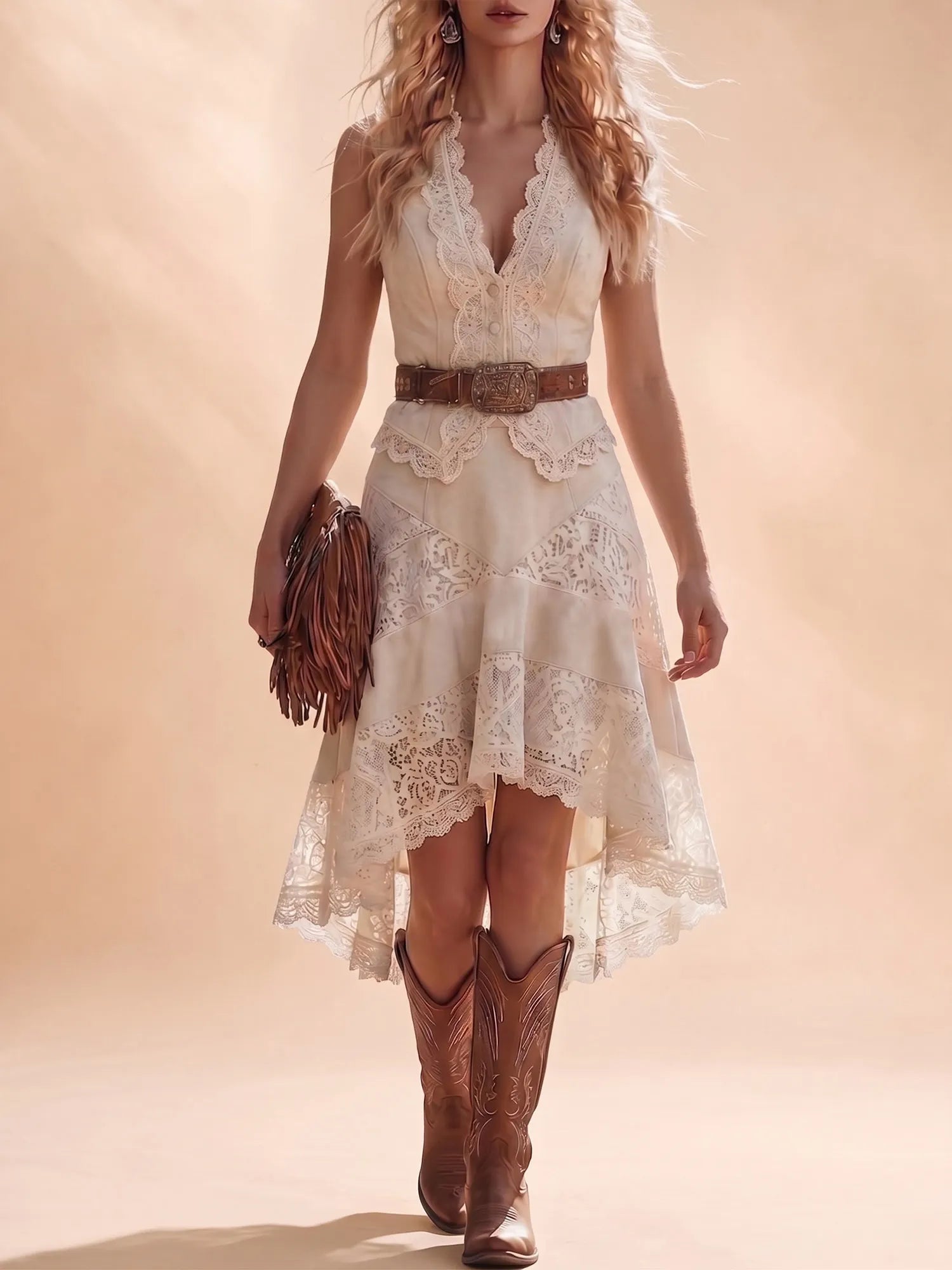 Western Dress — Cream Two-Piece Look Lace Patchwork Midi Dress