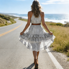 Denim Ruffle Halter Dress With Lace Trim Short Summer Dress For Women