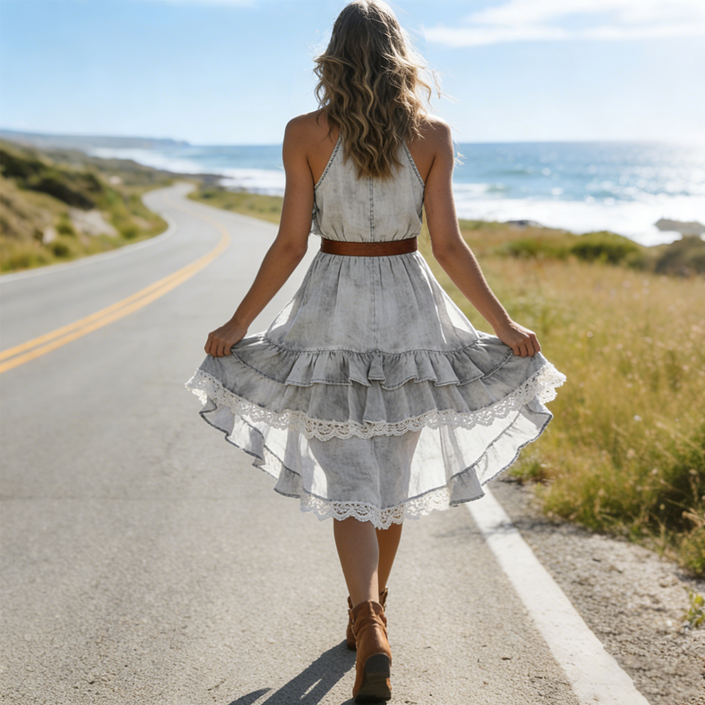 Denim Ruffle Halter Dress With Lace Trim Short Summer Dress For Women