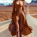 Boho Chic Asymmetrical Long Sleeve Dress With Western Belt And Fringe Bag Set