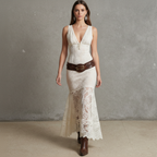 Retro White Lace V-Neck Strapless Maxi Dress Western Cowboy Style