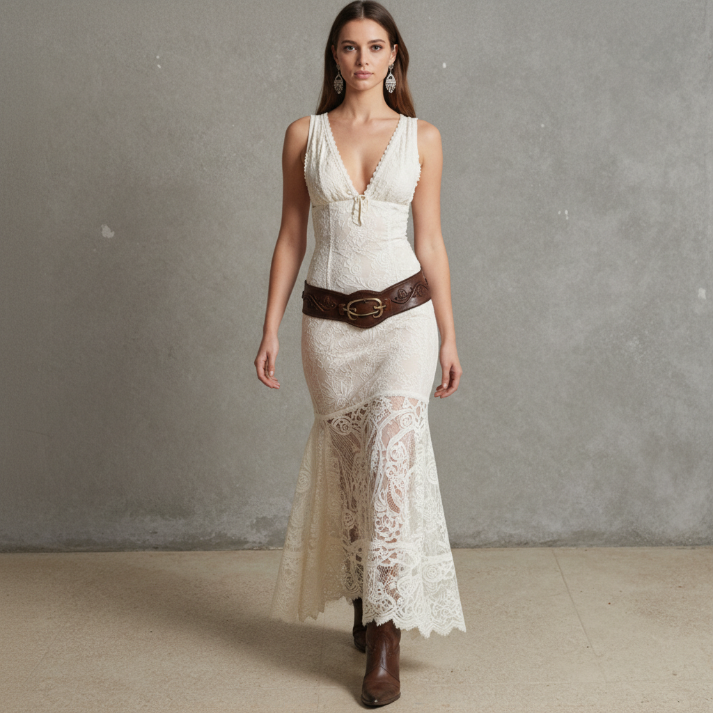 Retro White Lace V-Neck Strapless Maxi Dress Western Cowboy Style