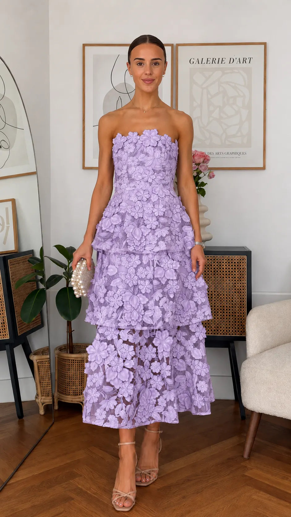 Strapless Tiered Floral Lace Maxi Dress - Sweetheart Neckline Formal Gown