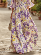 Elegant V-neck Flared Sleeves Floral Print Chiffon Maxi Dress