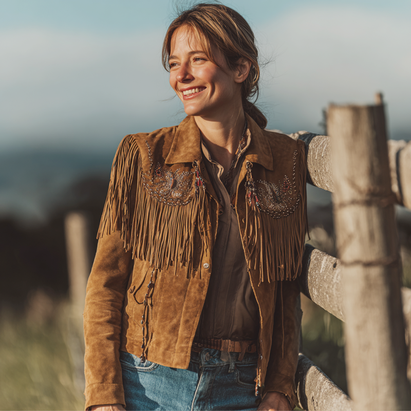 Western Suede Safari Fringe Vest With Embroidered Details For Women