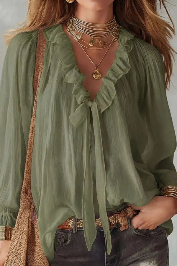 Stylish Long-sleeved V-neck Tie Loose Shirt Top