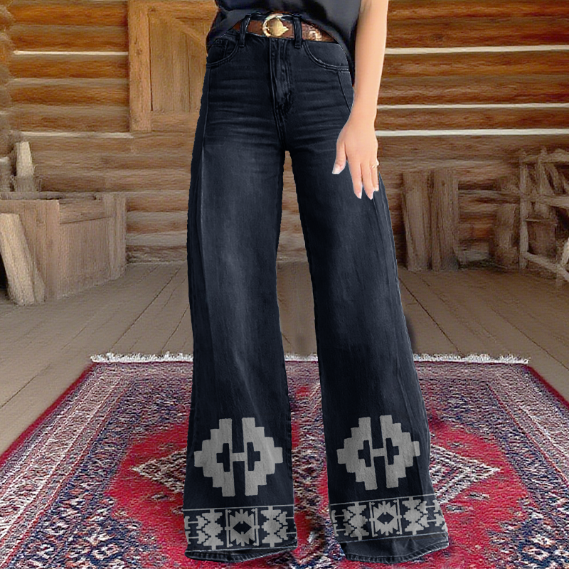 Women's Retro Western Country Aztec Style Printed Faux Denim Wide Leg Pants