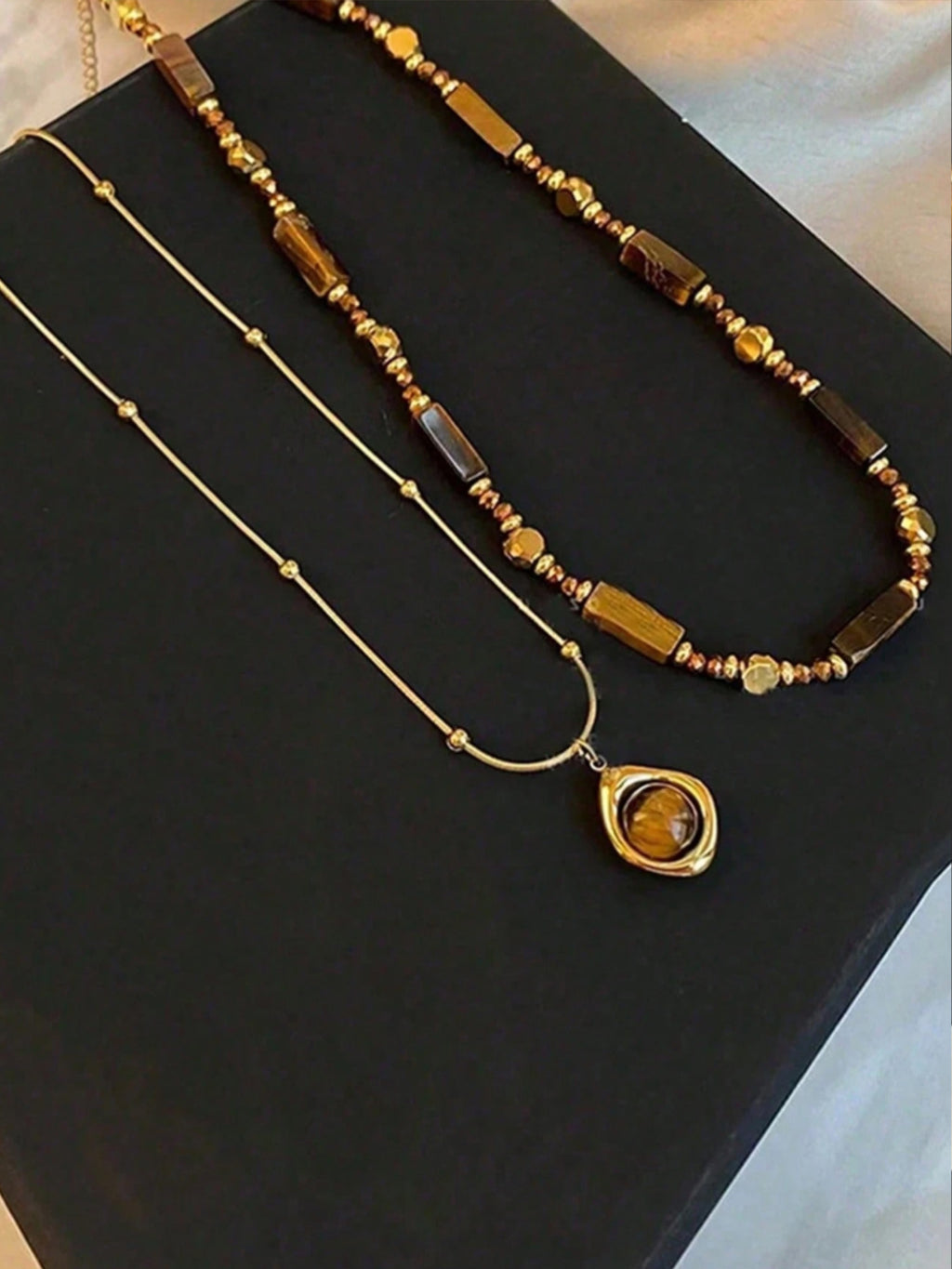 Festival Accessory — Golden Earth-Tone Stone Pendant Necklace