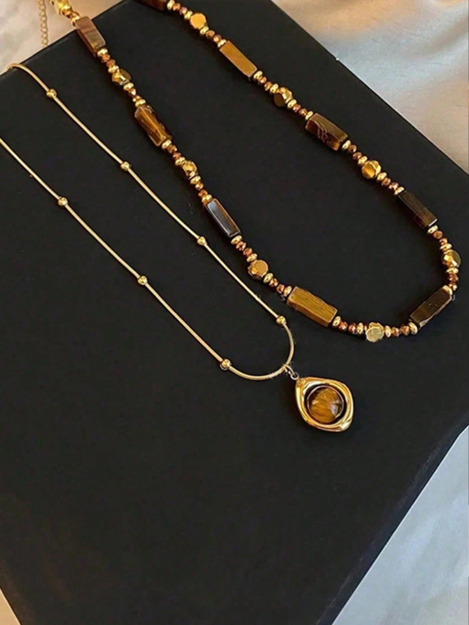 Festival Accessory — Golden Earth-Tone Stone Pendant Necklace