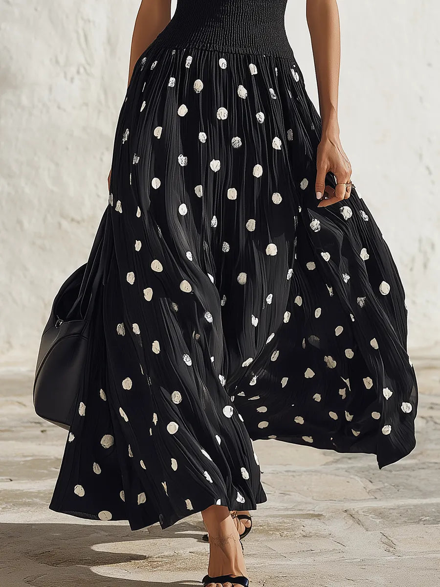 Coastal Chic Polka-Dot Sleeveless Knit And Chiffon Black Maxi Dress