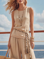 Mediterranean Coast Style Beige Sleeveless Top And Wide-Leg Pants Set