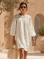 Old Money Vacation Lace-Panelled Cotton-Linen Long-Sleeve Mini Dress