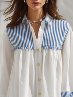 Resort-style Shirt Collar Long-sleeved Striped Mini Dress