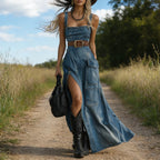 Coachella Outfit Retro-style Adjustable Shoulder Strap Side Slit Blue Denim Maxi Dress
