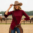 Women's Vintage Western Cowgirl Burgundy Tassel High-Neck Flared Sleeves T-shirt