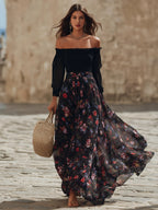 Capri Vibe Black Off Shoulder Long Sleeve Top Dark Floral Chiffon Pleated Maxi Skirt Two Piece Set