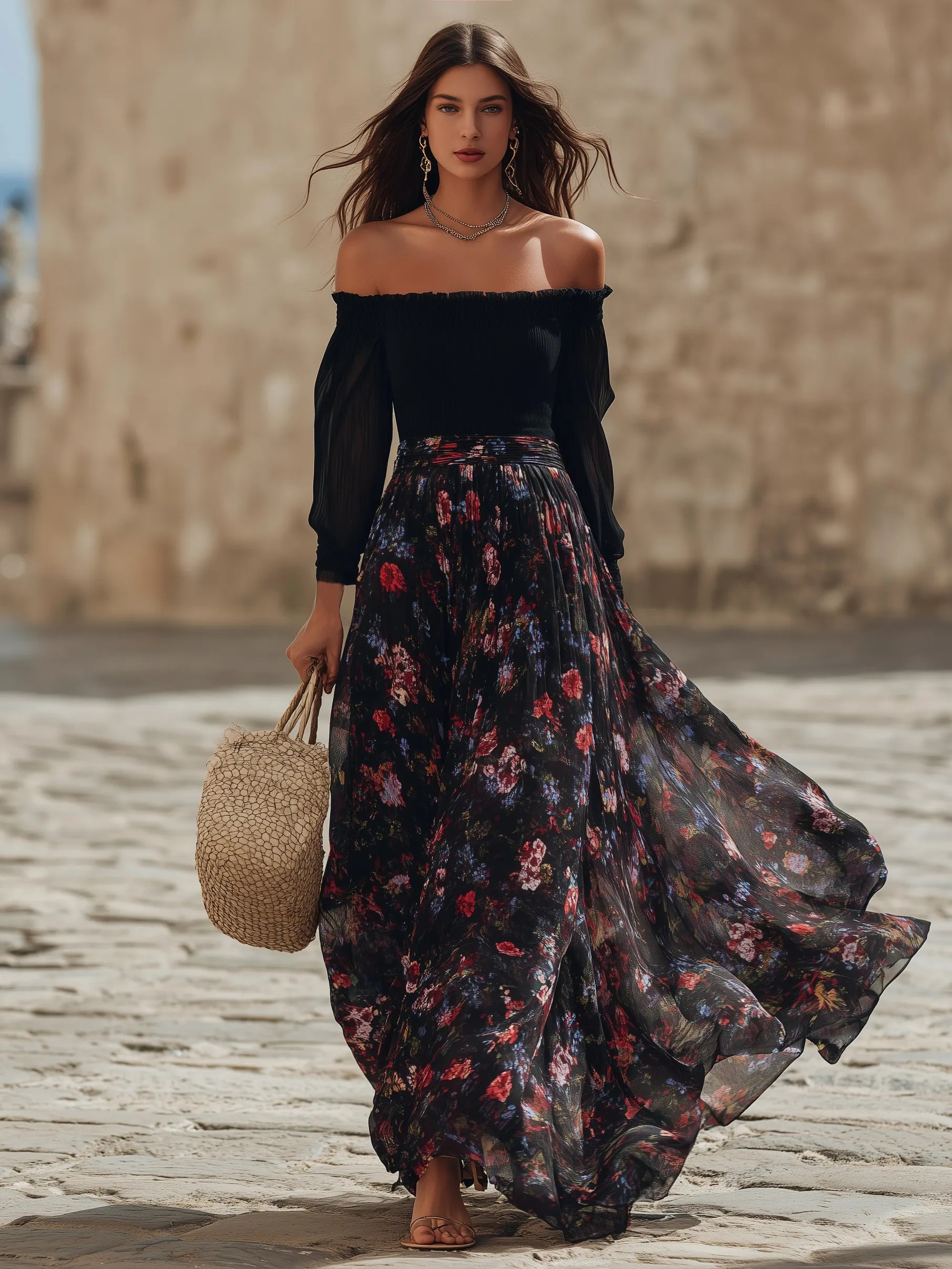 Capri Vibe Black Off Shoulder Long Sleeve Top Dark Floral Chiffon Pleated Maxi Skirt Two Piece Set