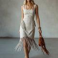 Women's Western Suede Mini Dress — Navy & Cream, Square Neck, Wide Straps, Sleeveless, Fitted Waist, Fringe Hem