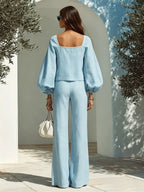 Resort-style Square-neck Lantern-sleeve Top And Trousers Set