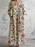 Elegantes Damenkleid mit Blumenmuster, V-Ausschnitt und Baumwollstoff mit Taschen