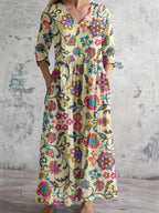 Elegantes Damenkleid mit Blumenmuster, V-Ausschnitt und Baumwollstoff mit Taschen