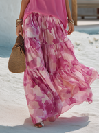 Romantic Vacation V-Neck Sleeveless Top And Printed Tiered Skirt Chiffon Set