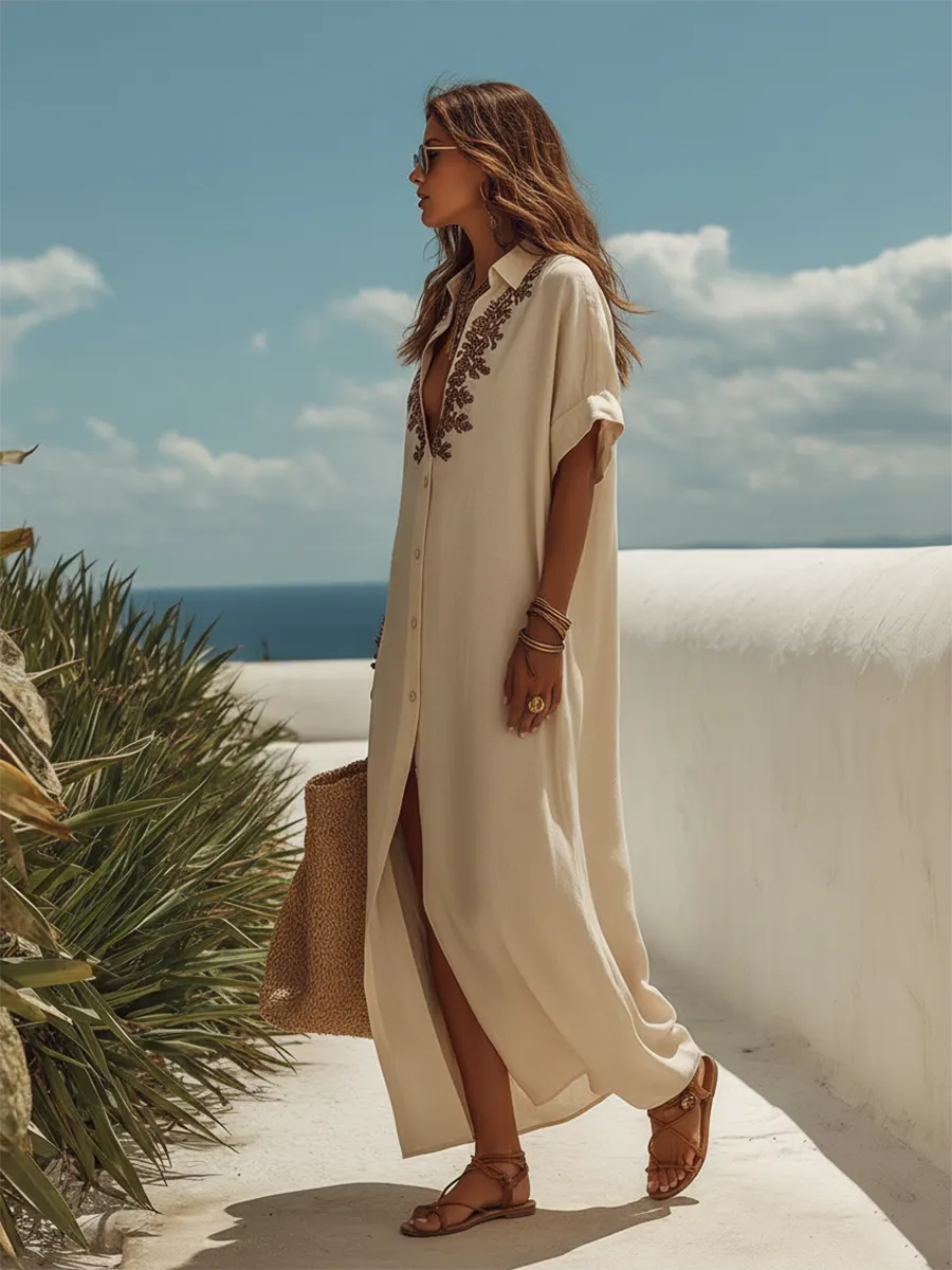 Loose-fitting Vacation-style Collared Short-sleeved Brown Embroidered Beige Maxi Dress