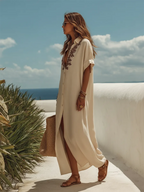 Loose-fitting Vacation-style Collared Short-sleeved Brown Embroidered Beige Maxi Dress