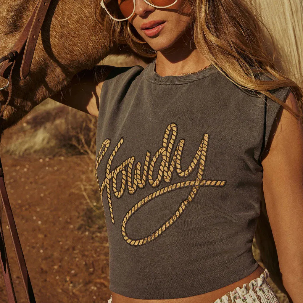 Cotton Blend Cropped Sleeveless Top With 'Howdy' Rope Embroidery Design