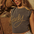 Cotton Blend Cropped Sleeveless Top With 'Howdy' Rope Embroidery Design