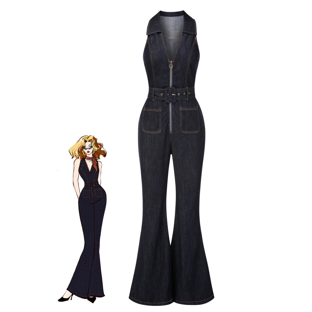 Navy Blue 1970s Denim Collar Belted Flared Jumpsuit