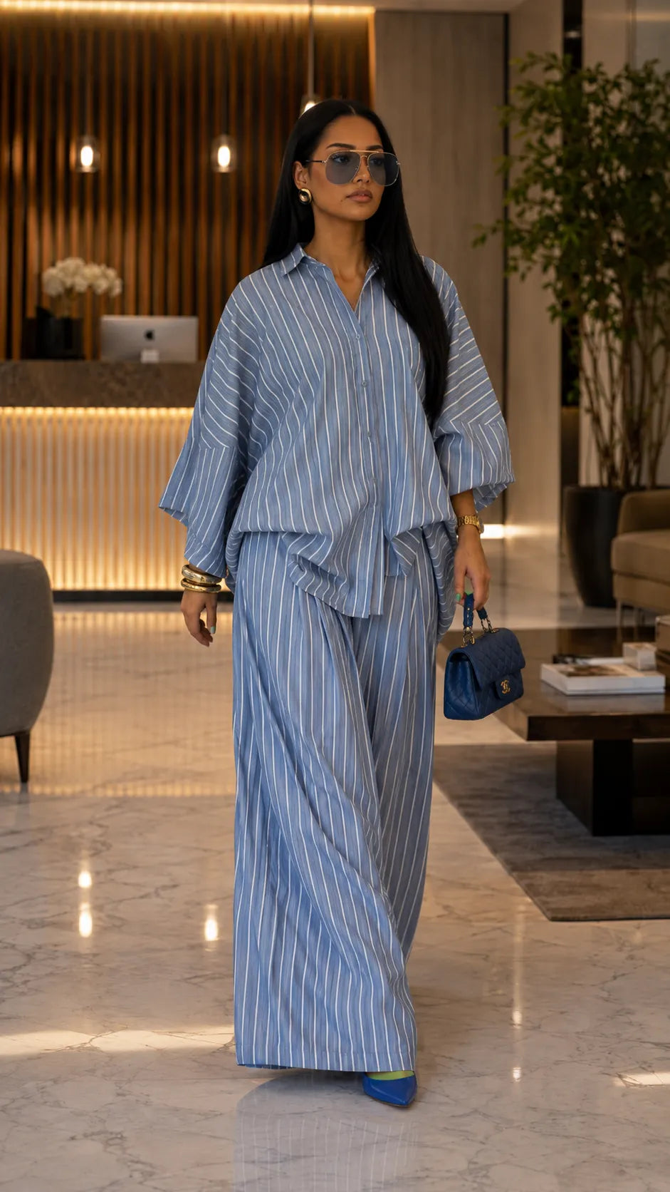 Boho Chic Striped Linen Blend Set - Flared Sleeve Button-Up Top & Wide Leg Pants Co-ord