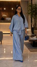 Boho Chic Striped Linen Blend Set - Flared Sleeve Button-Up Top & Wide Leg Pants Co-ord