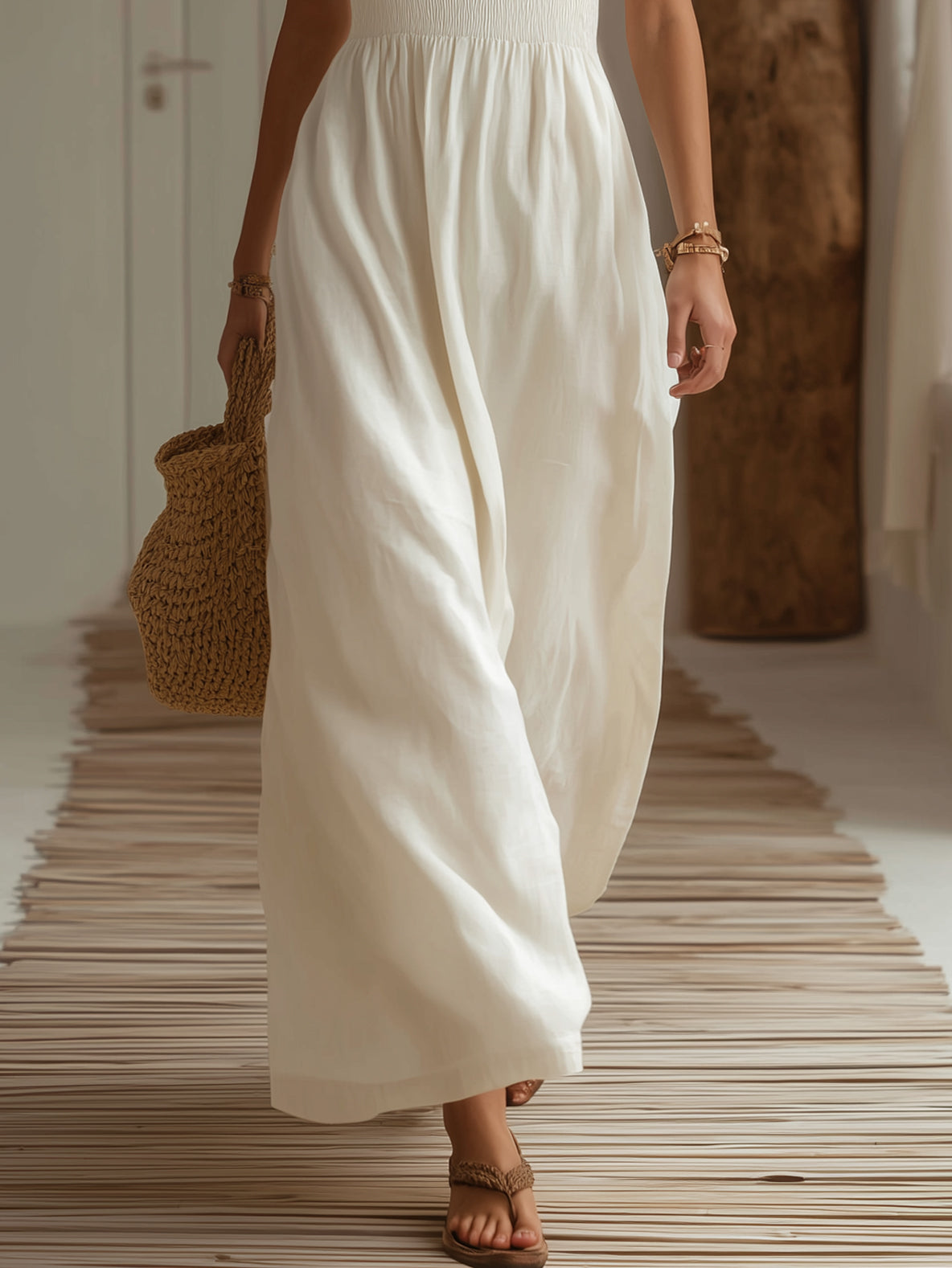 Cycladic White Smocked Linen Braided Spaghetti Straps Maxi Dress