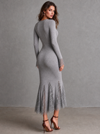 Elegant Long Sleeve Lace Cuff Ribbed Knit Lace Panel Mermaid Midi Dress