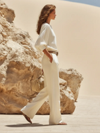 Resort-style Cotton V-neck Long-sleeved Trouser Set