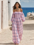 Resort-style Off-the-shoulder Plaid Print Long-sleeved Maxi Dress