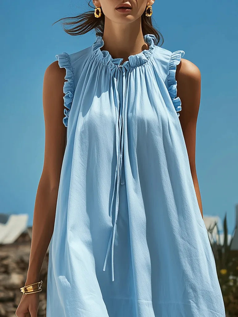 Aegean Sky Blue Ruffle Drawstring Collar Sleeveless Flow Maxi Dress