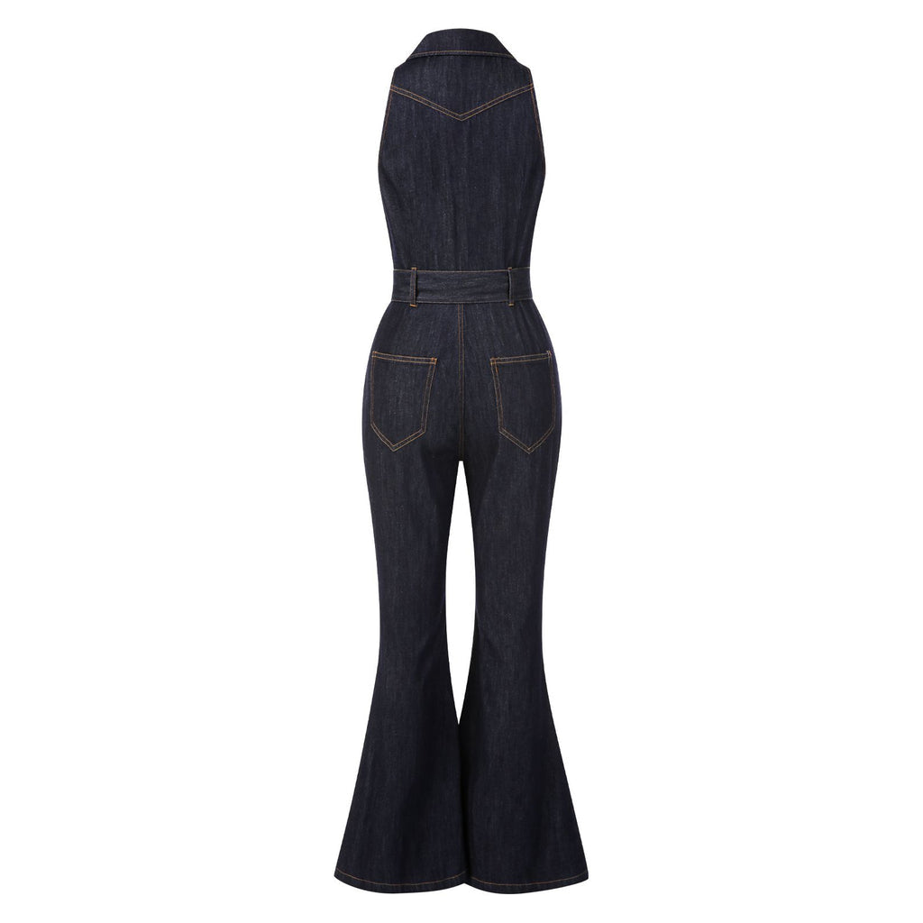 Navy Blue 1970s Denim Collar Belted Flared Jumpsuit