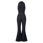 Navy Blue 1970s Denim Collar Belted Flared Jumpsuit