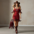 Women's Western Suede Mini Dress: Square Neck, Spaghetti Straps, Cinched Waist, And Fringe Trim (Rice Wine Red)