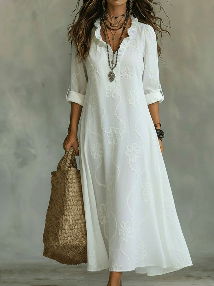Blumen-A-Linien-Kleid im Vintage-Stil – elegantes Midi mit Rüschenkragen