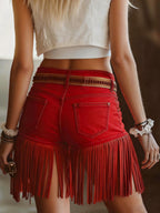 Western Red Fringe Suede Shorts